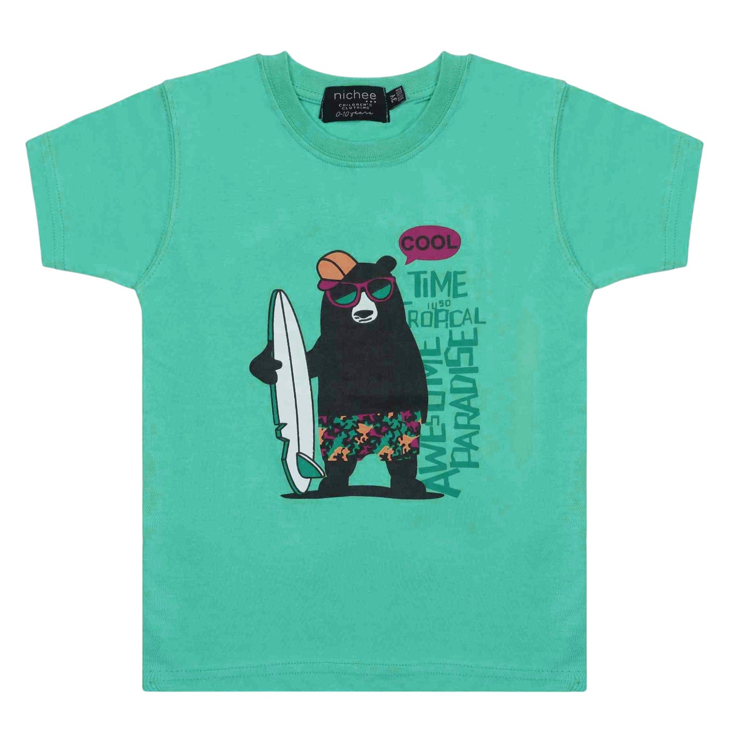 T-shirt Bambino con Stampa Orso Surfer  Tiffany, 6 Mesi - 4 Anni