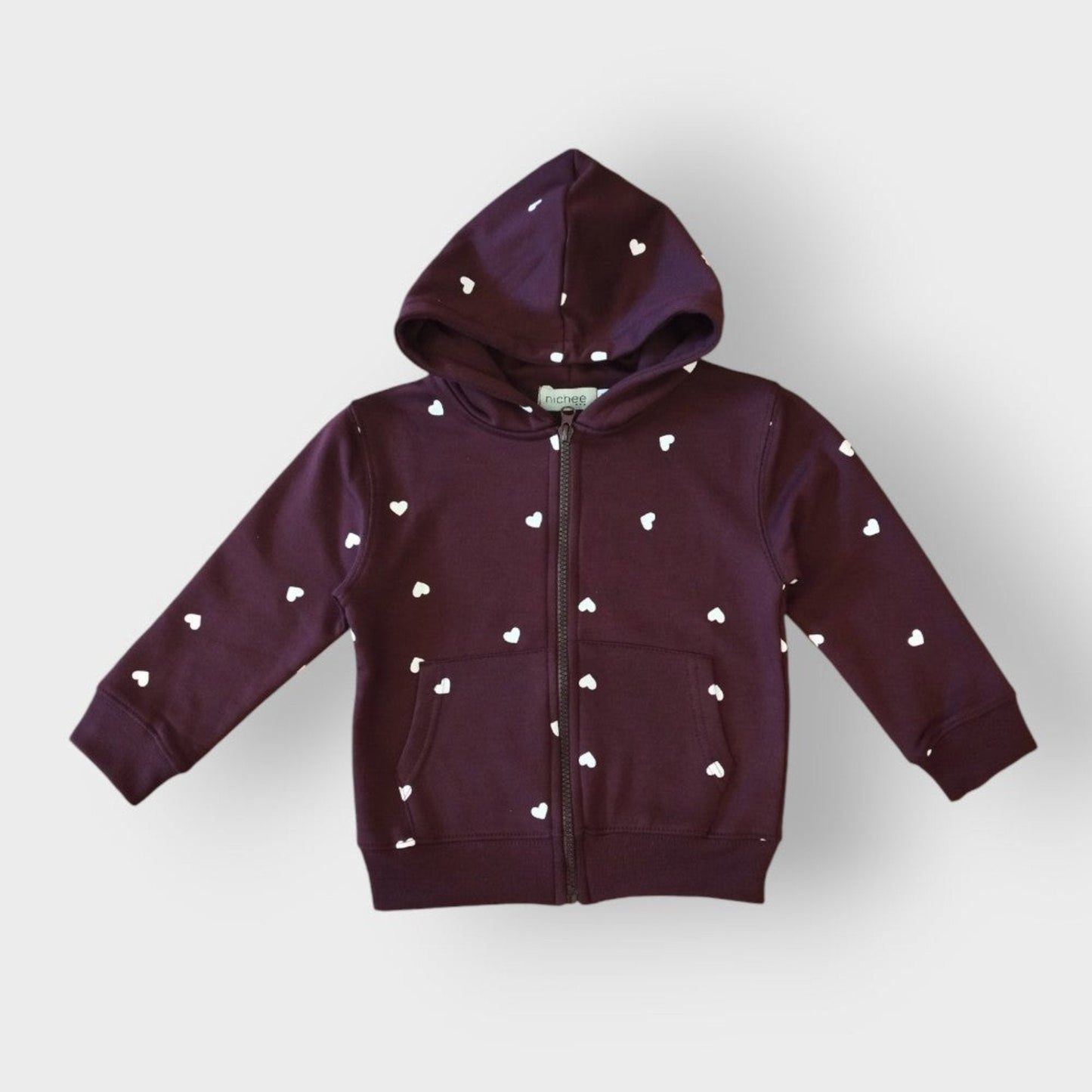 Felpa da bambina con zip burgundy e cuori bianchi - Nichee Children's Clothing 0 - 10 years - Abbigliamento bambini a Rovigo