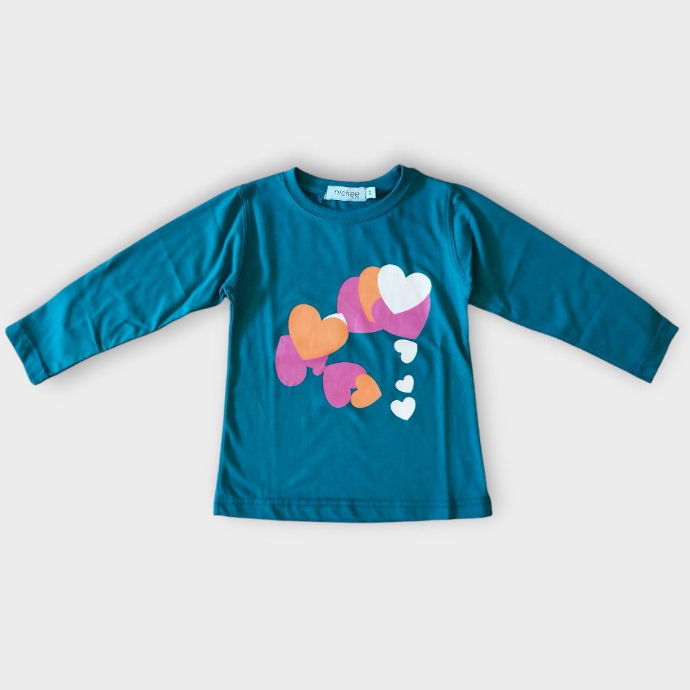 Maglia bambina manica lunga verde con cuori - Nichee Children's Clothing 0 - 10 years - Abbigliamento bambini a Rovigo