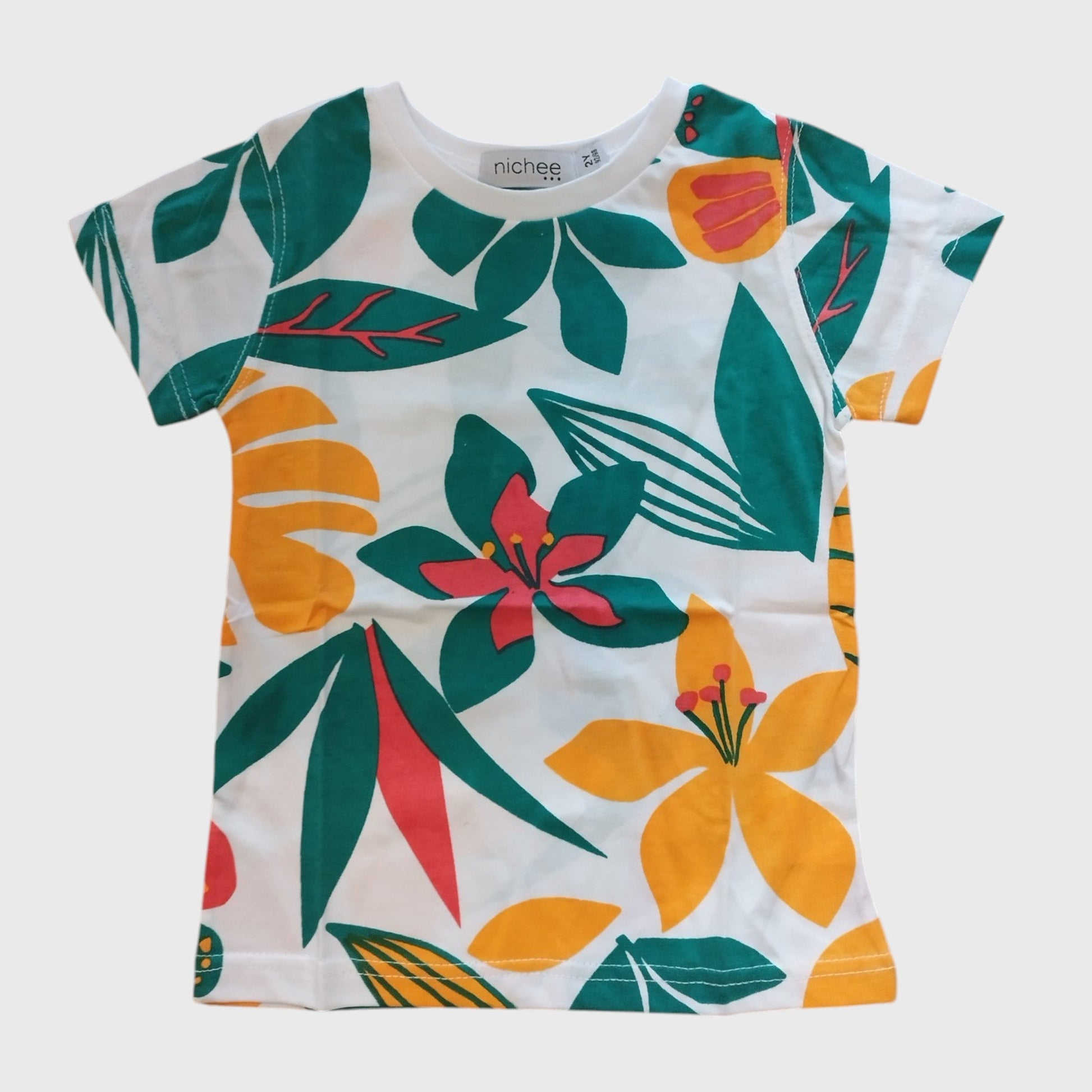 T-shirt bambina bianca con fiori tropicali | Taglie 2 - 10 Anni - Nichee Children's Clothing 0 - 10 years - Abbigliamento bambini a Rovigo