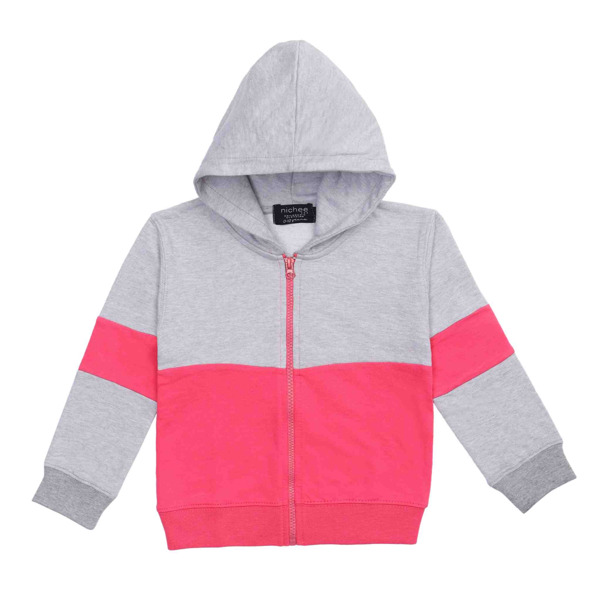 Felpa bambina bicolore French Terry leggero grigio e rosa shock - Cappuccio e zi