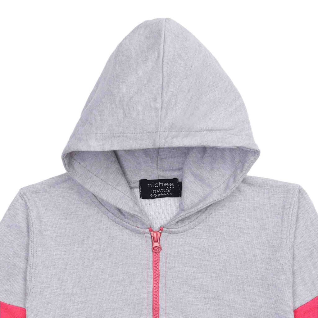 Felpa bambina bicolore French Terry leggero grigio e rosa shock - Cappuccio e zi