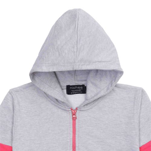 Felpa bambina bicolore French Terry leggero grigio e rosa shock - Cappuccio e zi