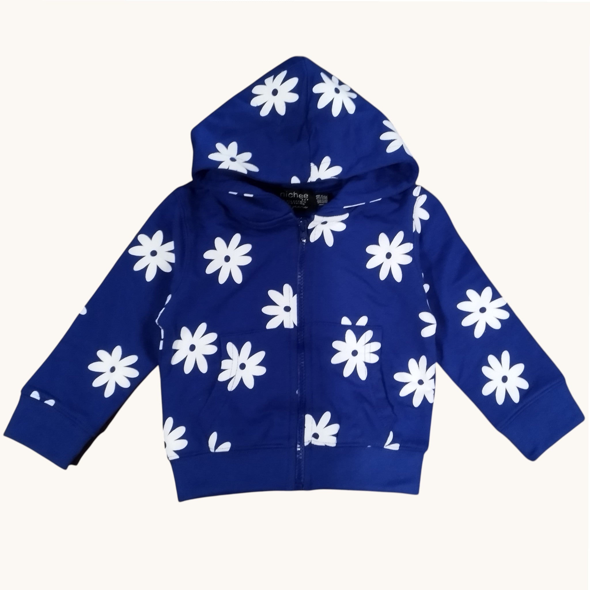 Felpa Bambina Blu Elettrico Cappuccio Zip Fiori Bianchi 3M-5 Anni