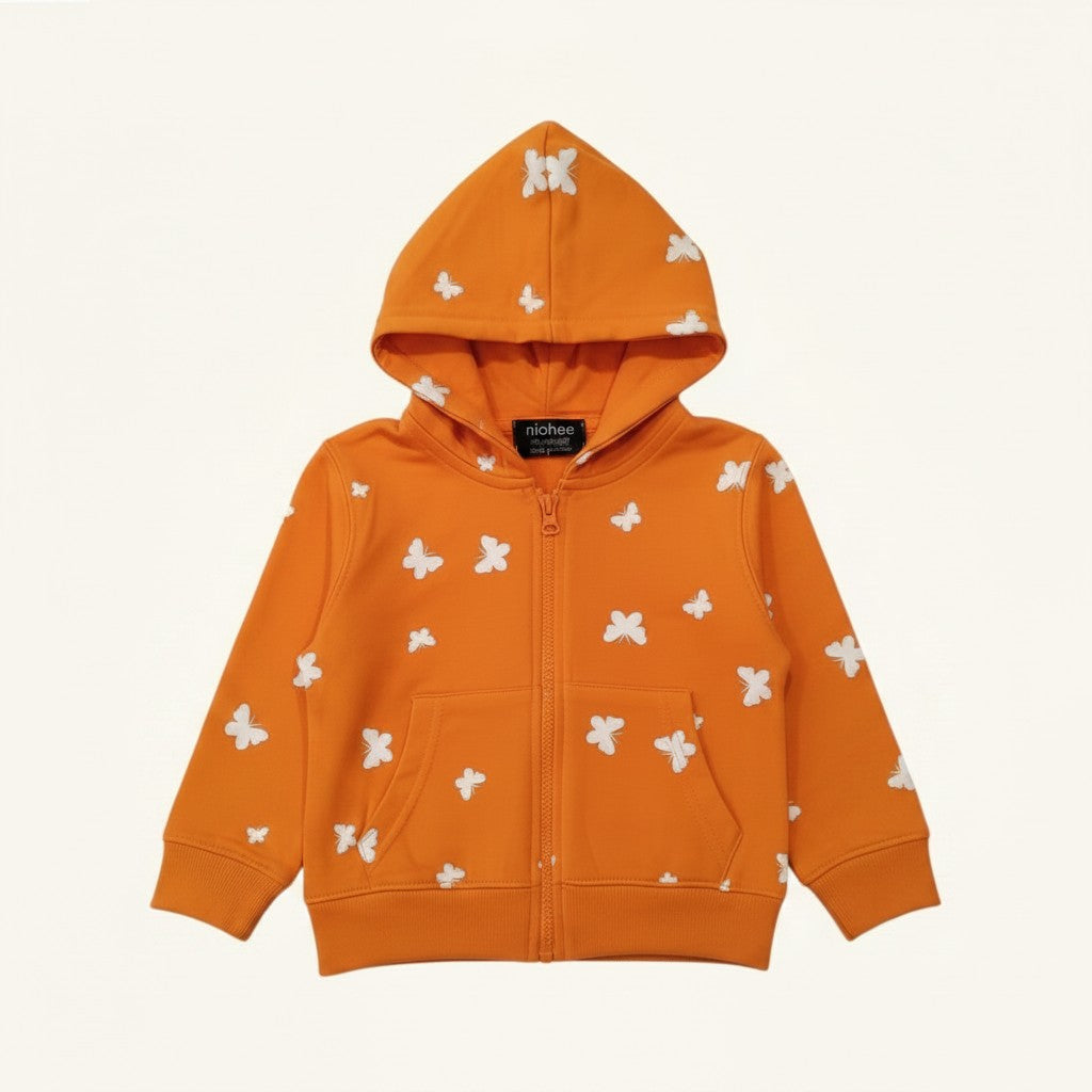 Felpa Bambina Orange Peel Cappuccio Zip Farfalle Bianche 3M-5 Anni