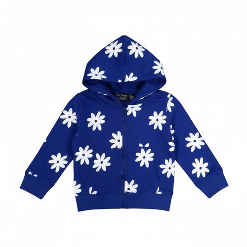Felpa Bambina Blu Elettrico Cappuccio Zip Fiori Bianchi 3M-5 Anni