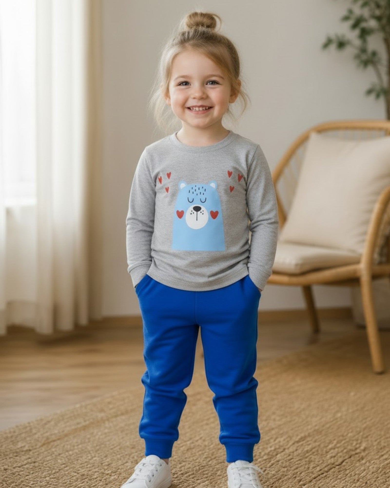 Maglia Bambina Manica Lunga Jersey Policotone Grigia con Orsetto 6M-4A