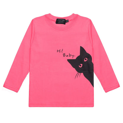 Maglietta Manica Lunga Neonata Bambina Rosa Shock con Stampa Gatto - Jersey Policotone
