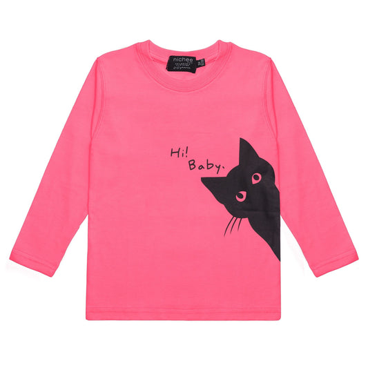 Maglietta Manica Lunga Neonata Bambina Rosa Shock con Stampa Gatto - Jersey Policotone