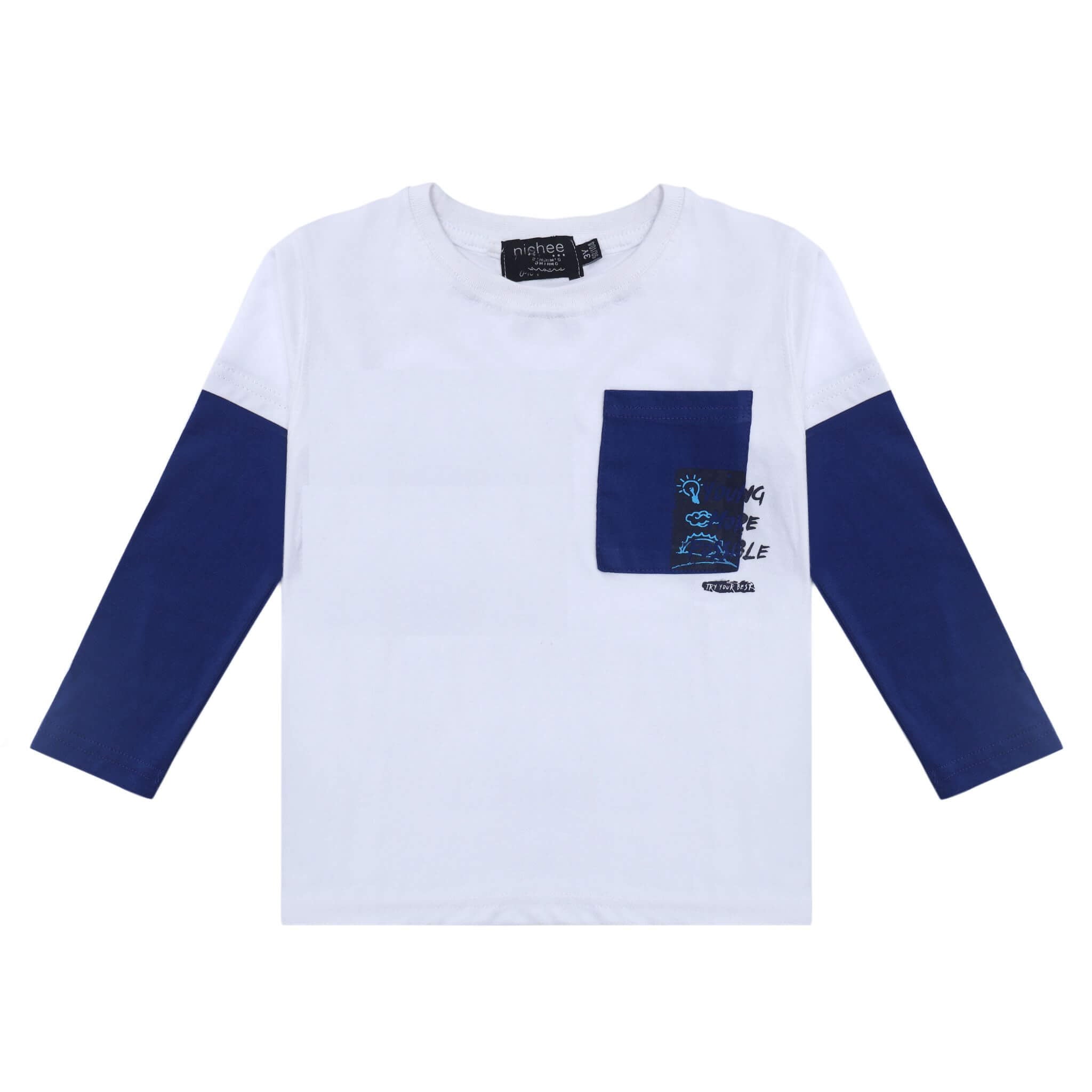 Maglietta Manica Lunga Bambini Bianca con Doppia Manica Bicolore - Bianco e Blu