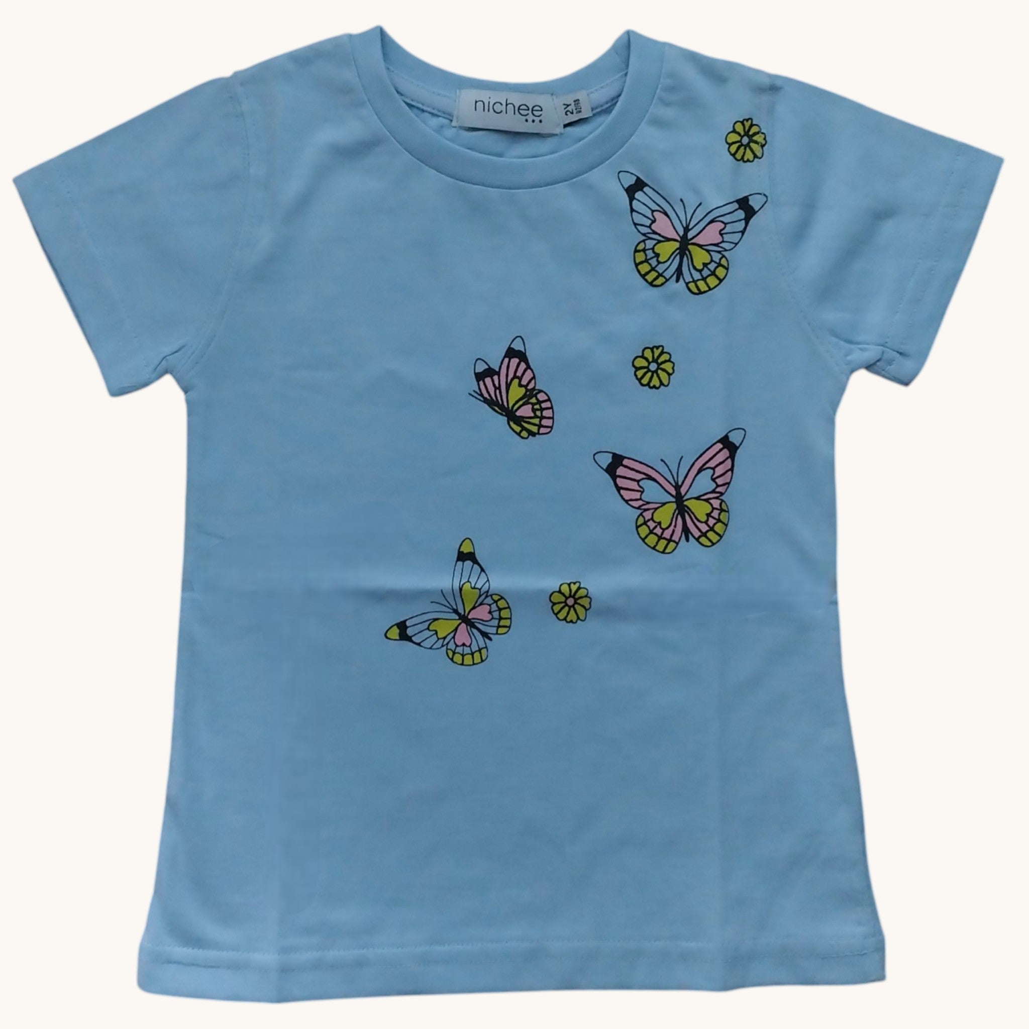 T-shirt Bambina Azzurra Farfalle Colorate Manica Corta 2-10 Anni