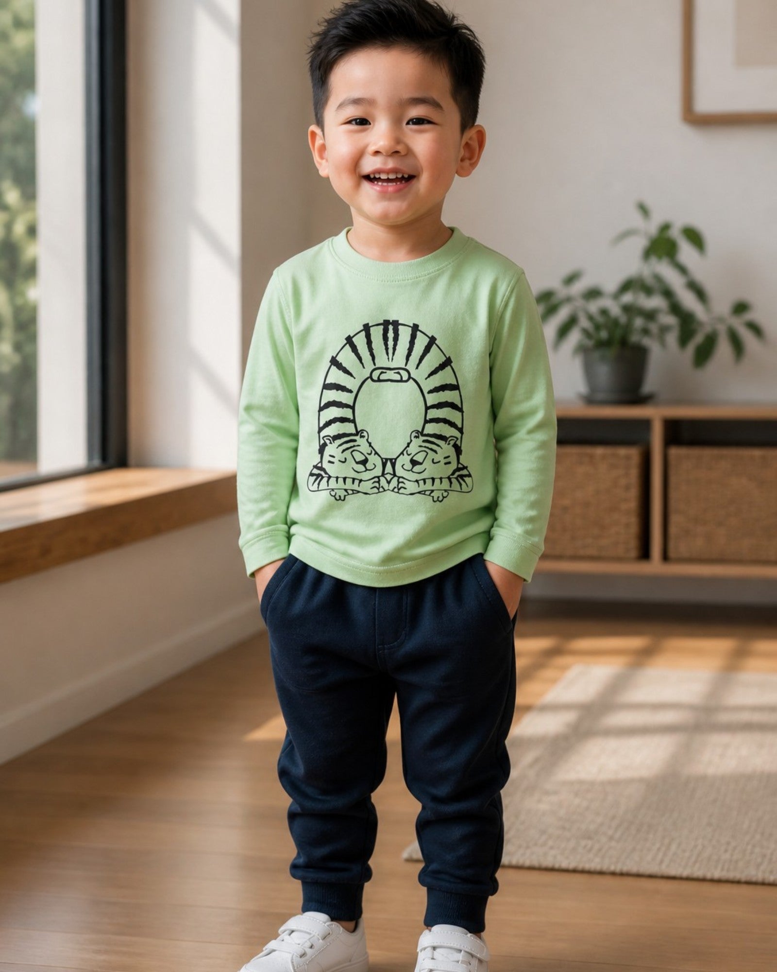Maglia Manica Lunga Neonato Bambini con Stampa Tigre - Jersey Policotone