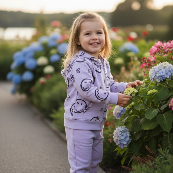 Felpa Bambini Cappuccio Zip Lavanda Smile e Fiori | 1-10 anni