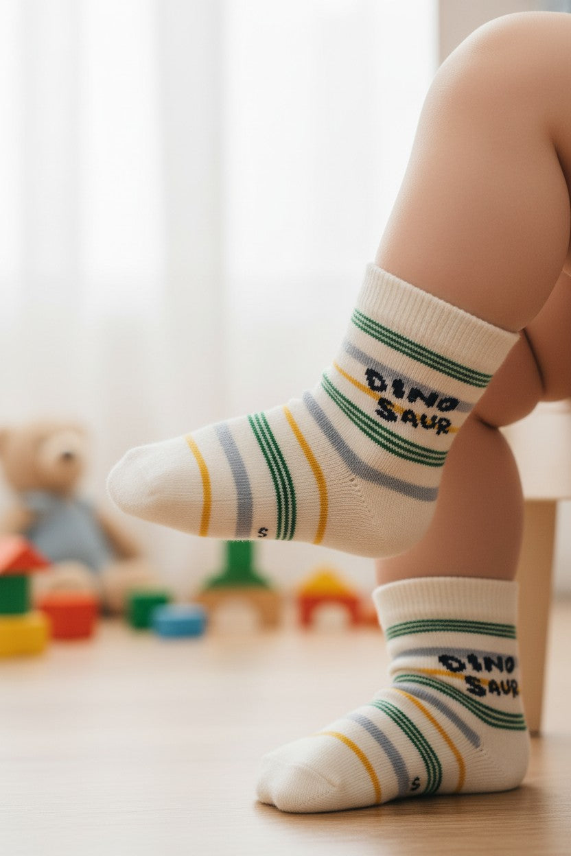 Calzini Bianchi a Righe Dinosaur Bambini - 100% Cotone