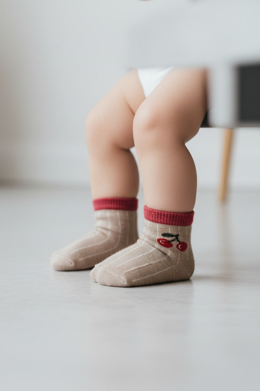 Calzini Beige con Ciliegie Bambini - 100% Cotone