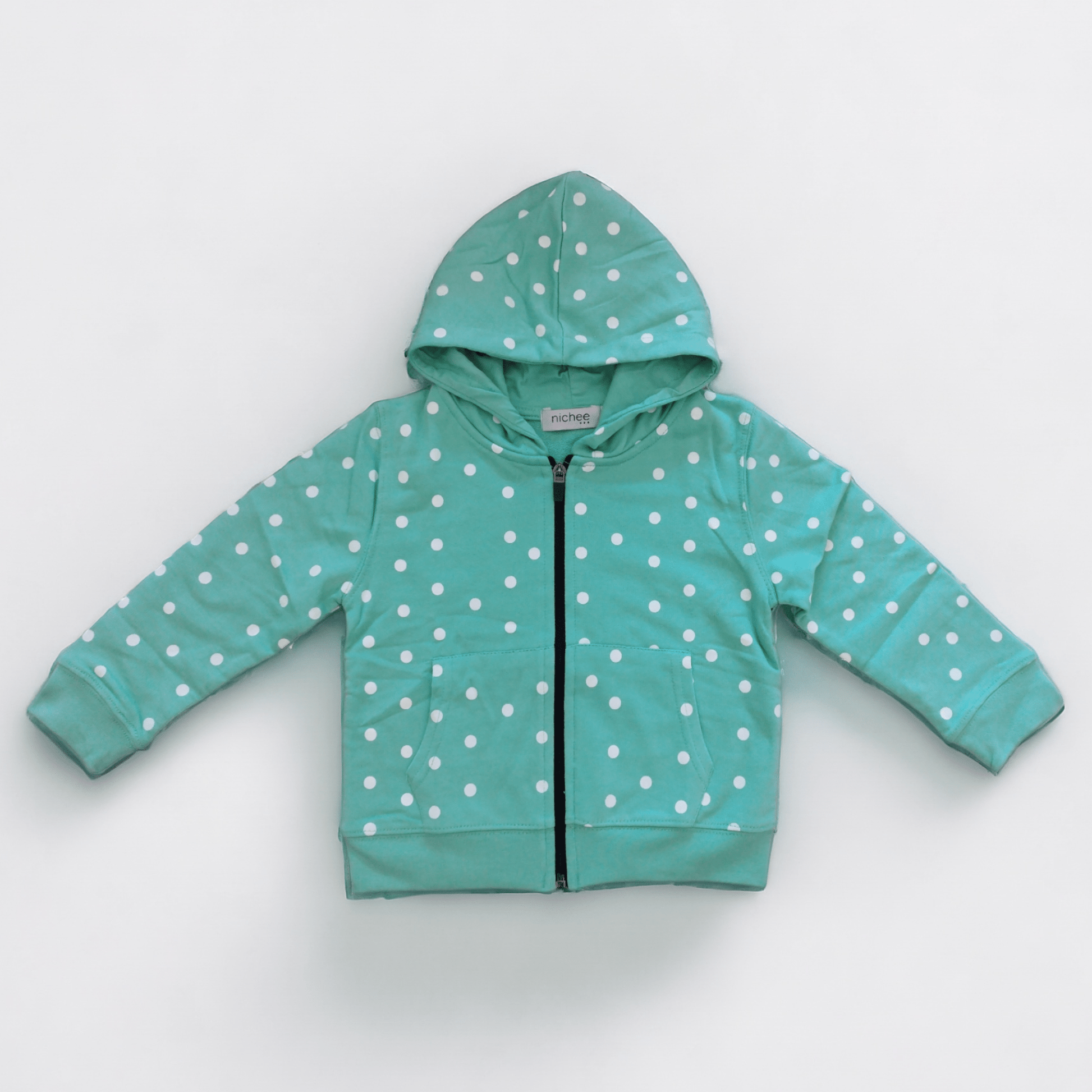 Felpa bambina con cappuccio verde menta con Pois - Nichee Children's Clothing 0 - 10 years - Abbigliamento bambini a Rovigo