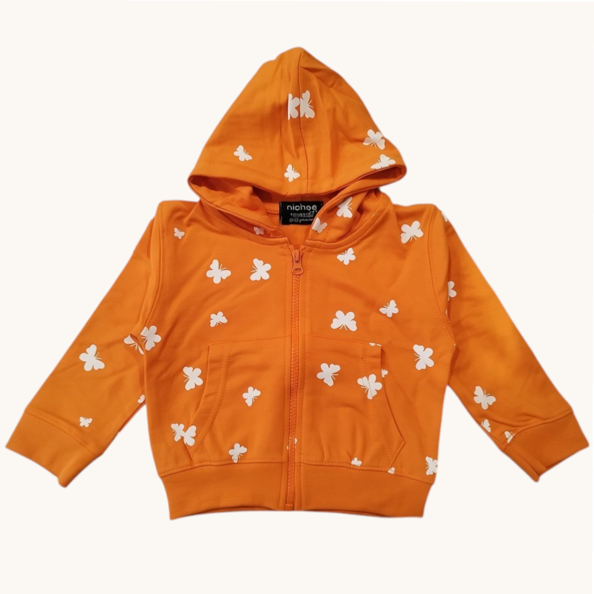 Felpa Bambina Orange Peel Cappuccio Zip Farfalle Bianche 3M-5 Anni
