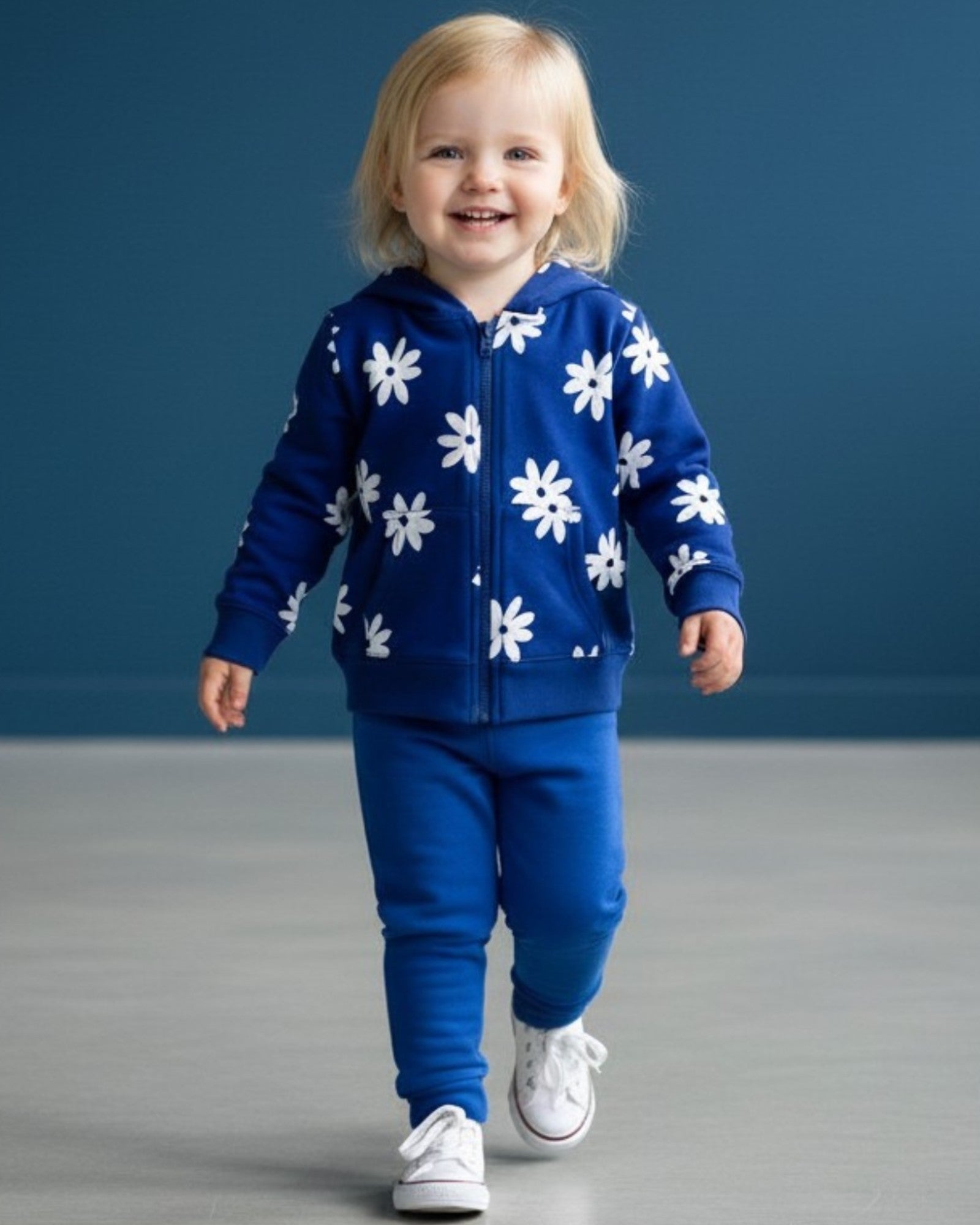 Felpa Bambina Blu Elettrico Cappuccio Zip Fiori Bianchi 3M-5 Anni
