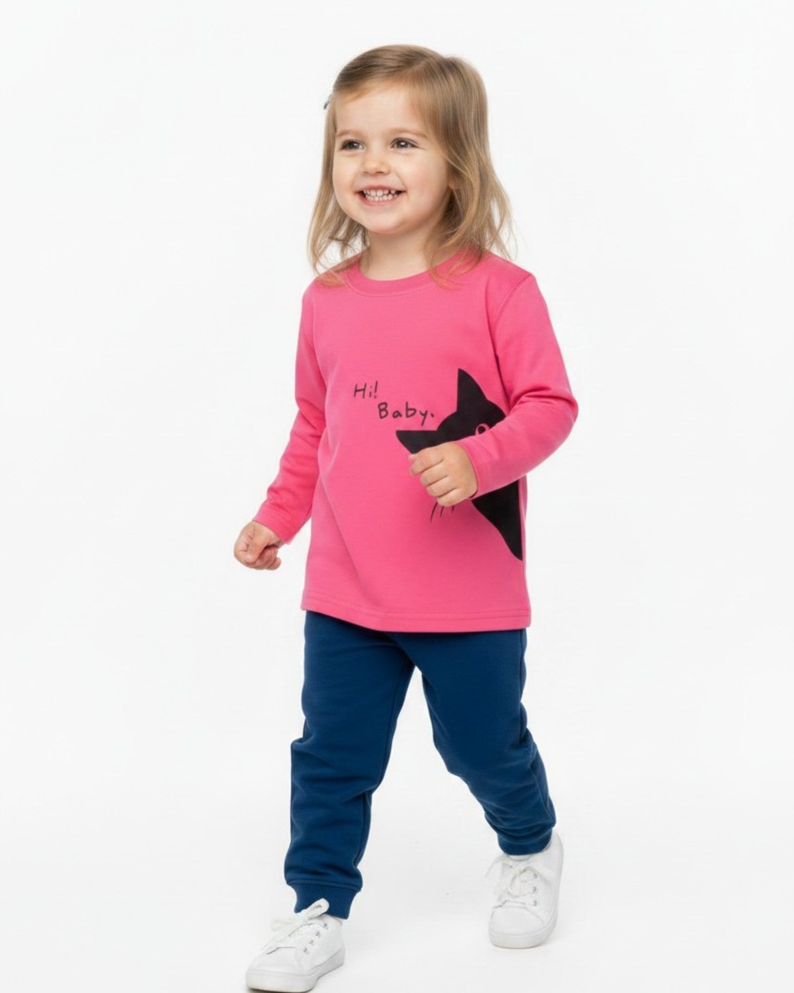 Maglietta Manica Lunga Baby Bambina Rosa Shock con Stampa Gatto