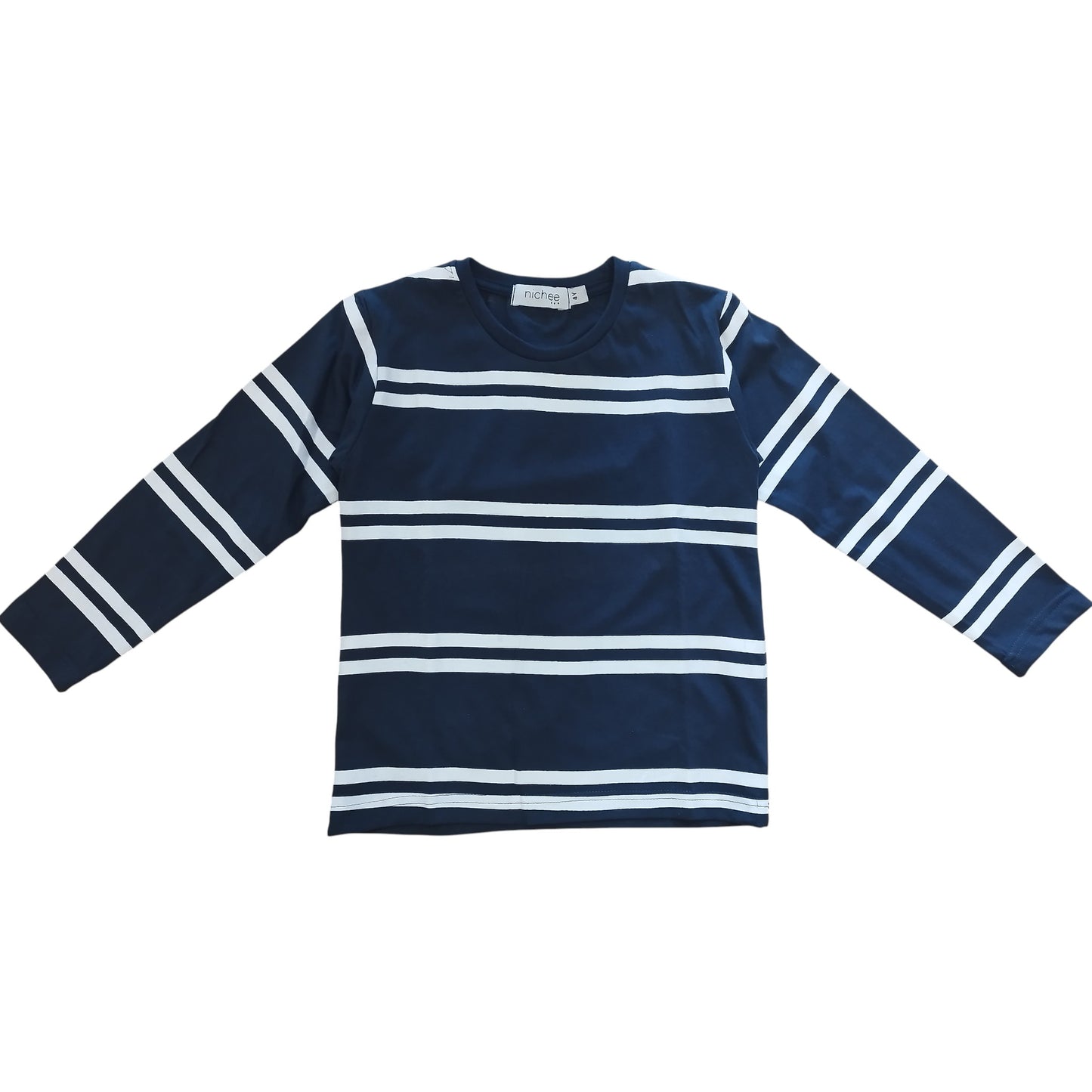 Maglia Bambino Manica Lunga Blu Scuro Righe Bianche