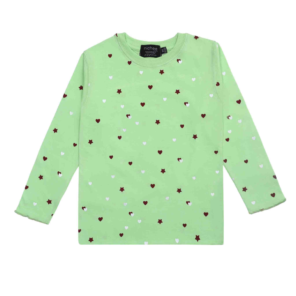 Maglia Neonata Manica Lunga Jersey Policotone Paradise Green Cuoricini e Stelle