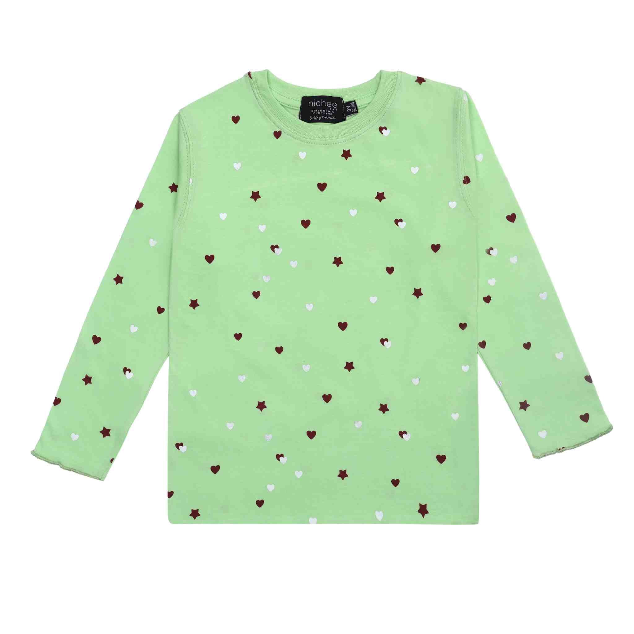 Maglia Neonata Manica Lunga Jersey Policotone Paradise Green Cuoricini e Stelle