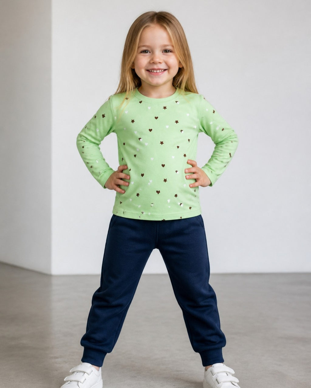 Maglia Neonata Manica Lunga Jersey Policotone Paradise Green Cuoricini e Stelle