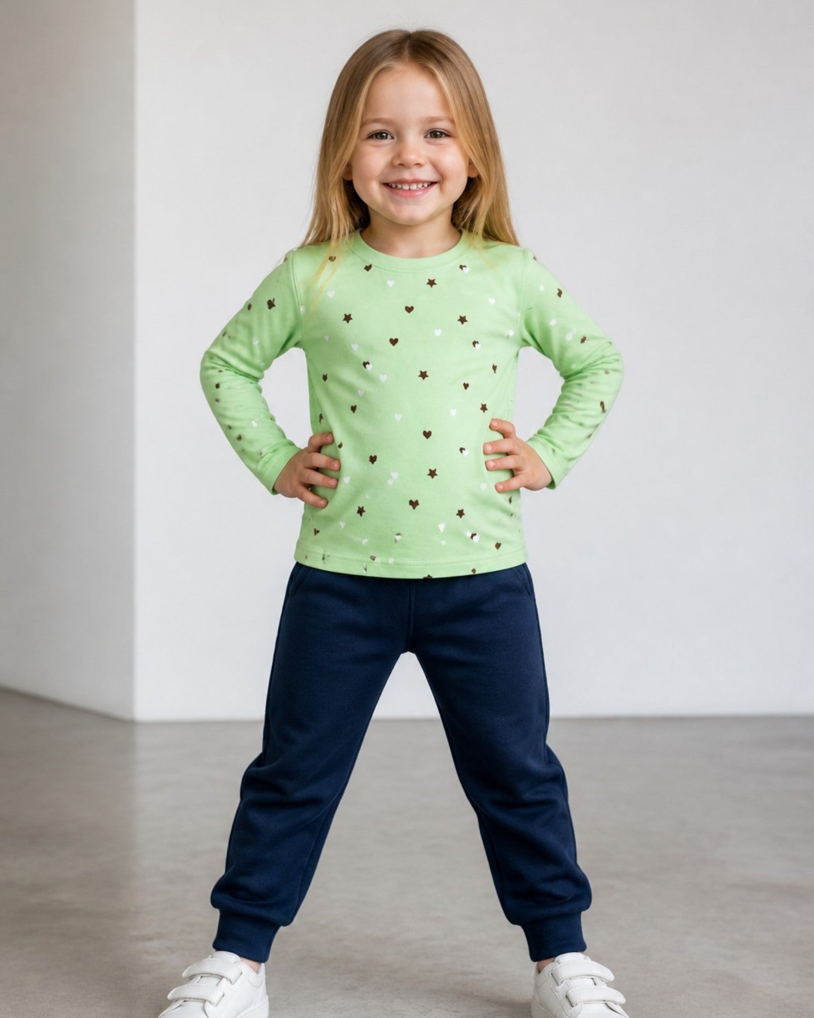 Maglia Neonata Manica Lunga Jersey Policotone Paradise Green Cuoricini e Stelle