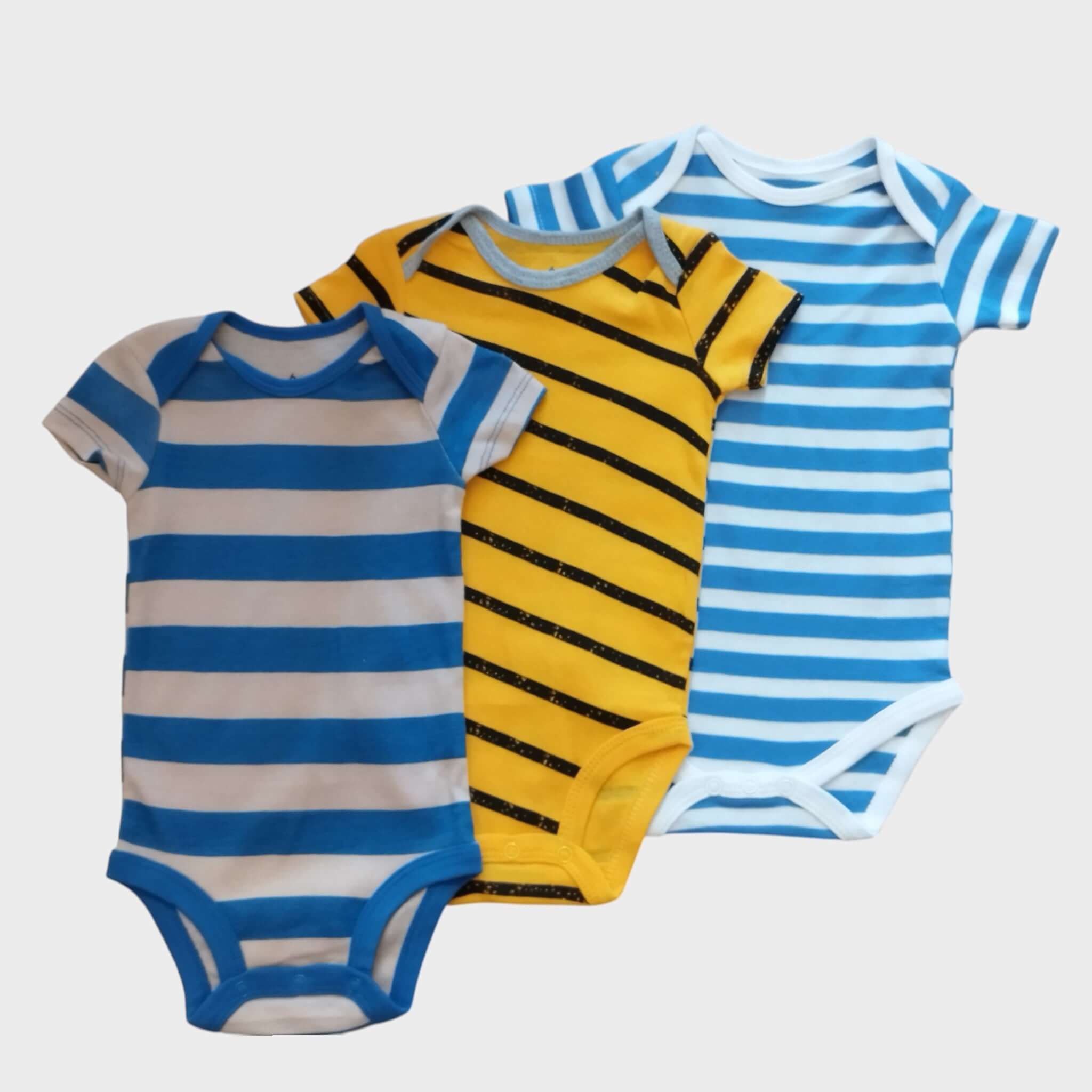 Set body righe unisex neonati - 3 pezzi con righe blu, giallo e strisce varie per neonati, 100% cotone.