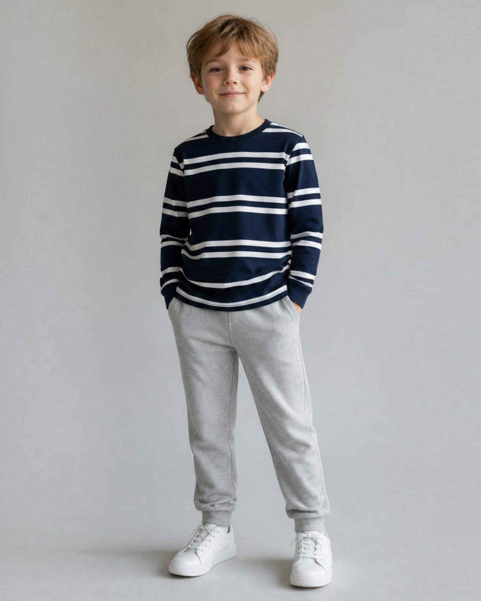 Maglia Bambino Manica Lunga Blu Scuro Righe Bianche