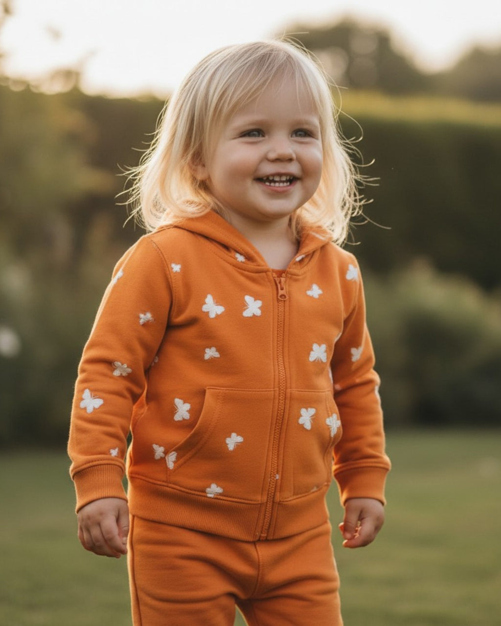 Felpa Bambina Orange Peel Cappuccio Zip Farfalle Bianche 3M-5 Anni