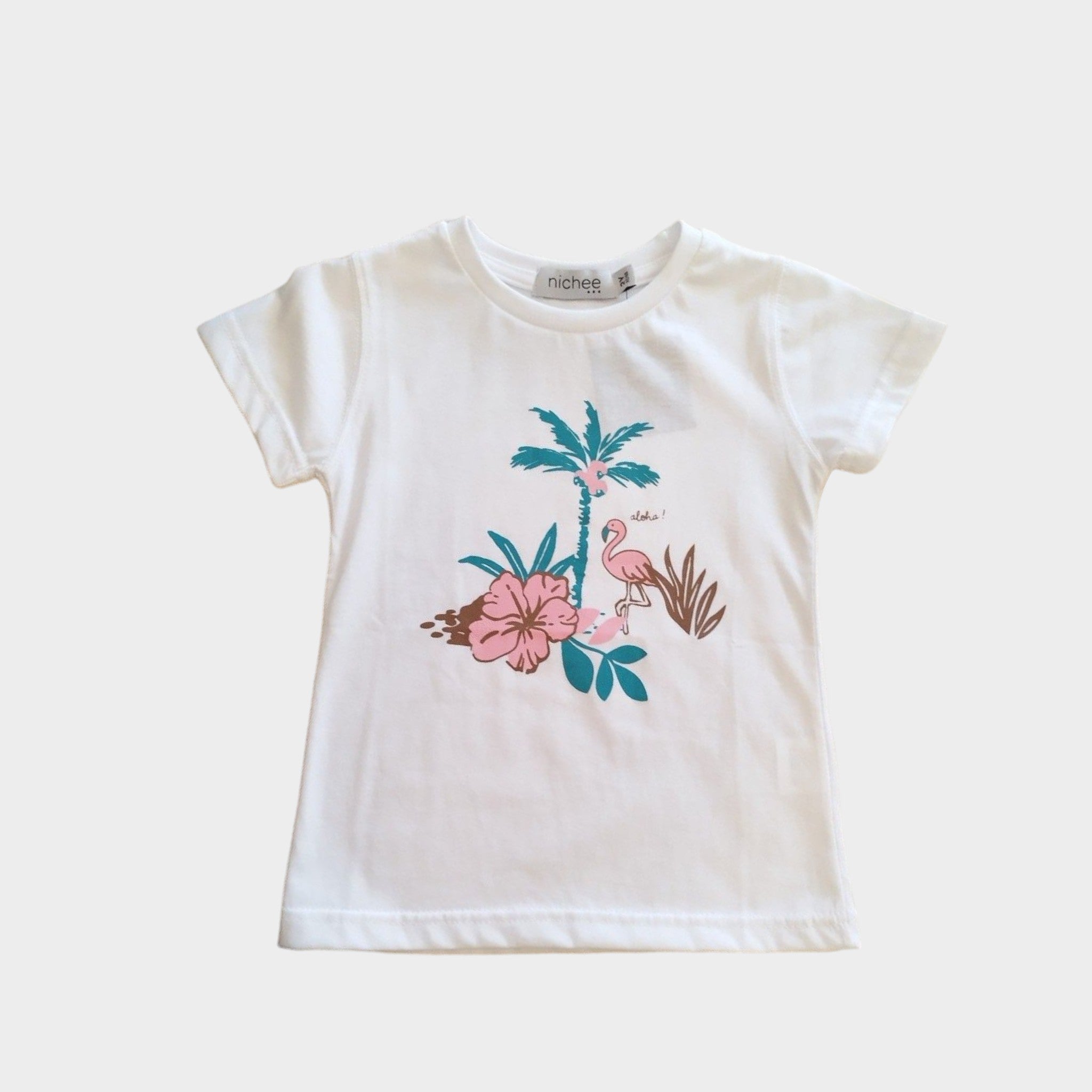 T-shirt Bambina Bianca con Stampa Tropicale | Taglie 2 - 10 Anni - Nichee Children's Clothing 0 - 10 years - Abbigliamento bambini a Rovigo